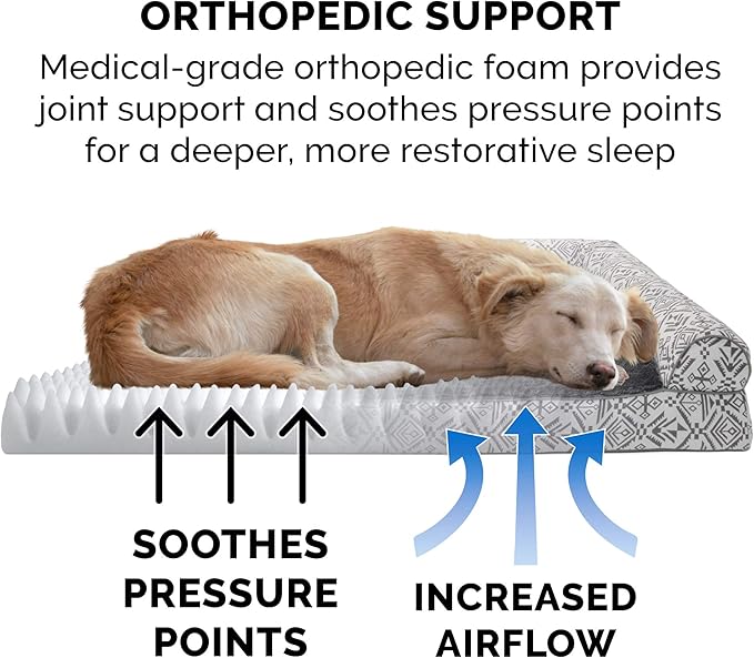 Furhaven Orthopedic Dog Bed for Large/Medium Dogs w/ Removable Bolsters &amp; Washable Cover, For Dogs Up to 55 lbs - Plush &amp; Southwest Kilim Woven Decor Sofa - Boulder Gray, Large
