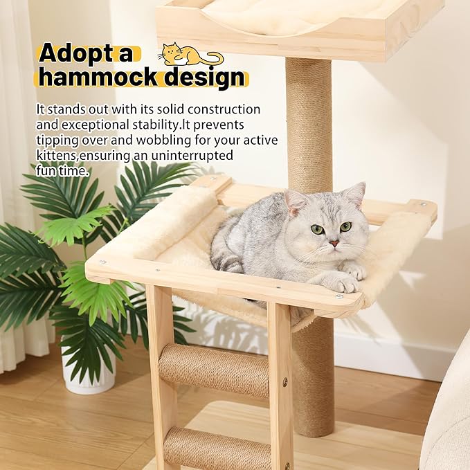 KVIDA Extra-Sturdy Wooden Cat Tree for Large Cats – Modern 3-Level Tower with Hammock, Anti-Tip Sisal Posts &amp; Oversized Perch, Ideal for Indoor Big Cats &amp; Multi-Cat Homes