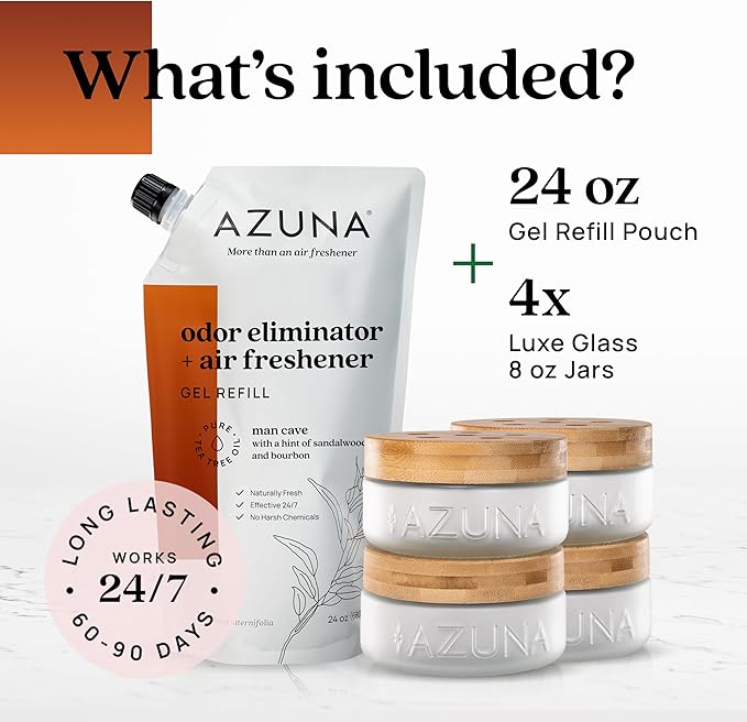 Azuna Air Freshener &amp; Odor Eliminator for Strong Odor | 4 Room Kit Includes (4) Empty Luxe Glass Jars &amp; 24oz Gel Refill with Tea Tree Essential Oil | Sandalwood Scent | Last 60-90 Days