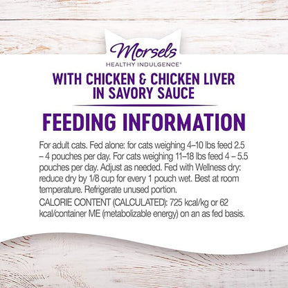 Wellness Healthly Indulgence Morsels Adult Wet Cat Food, Natural, Protein-Rich, Grain-Free, 3 Ounce Pouch, 24 Pack, (Chicken &amp; Chicken Liver)