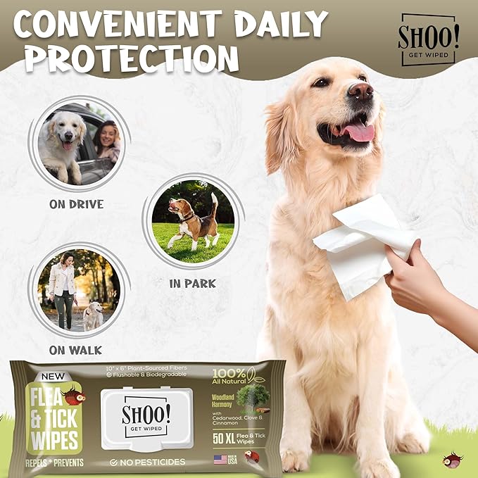 Shoo! Flea &amp; Tick Wipes for Dogs | Convenient, Easy On-The-Go Protection | Plant Based, Natural Oils, Chemical Free | Repels &amp; Prevents | 50 XL Wipes | (Woodland Harmony)