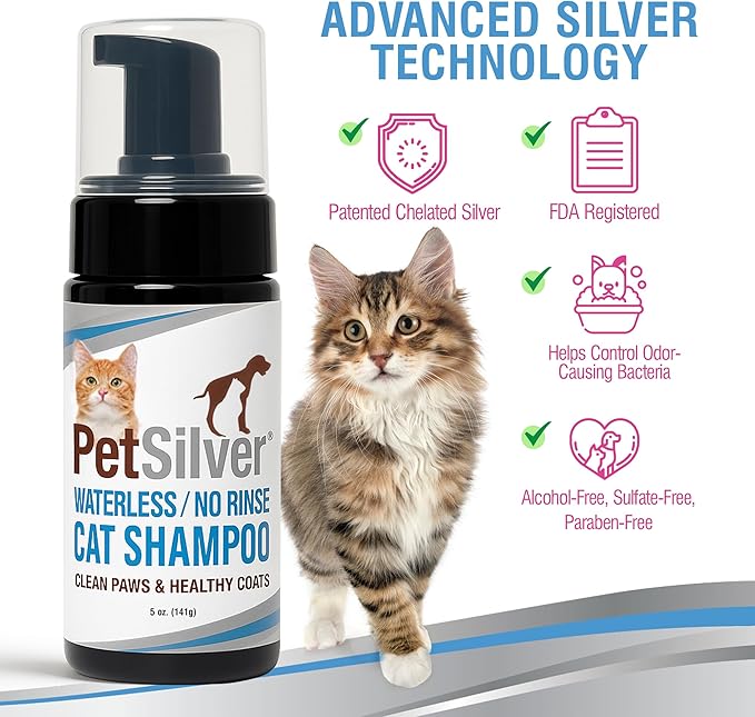 PetSilver Waterless Cat Shampoo - No Rinse Bath &amp; Dry Shampoo for Cats - Long-Haired &amp; Sensitive Skin - Cleans, Conditions &amp; Moisturizes - Hypoallergenic &amp; Fragrance-Free - Patented Formula - 5 fl oz