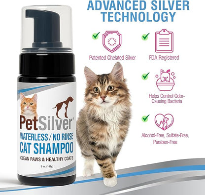 PetSilver Waterless Cat Shampoo - No Rinse Bath &amp; Dry Shampoo for Cats - Long-Haired &amp; Sensitive Skin - Cleans, Conditions &amp; Moisturizes - Hypoallergenic &amp; Fragrance-Free - Patented Formula - 5 fl oz