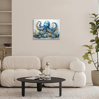 Octopus Bathroom Pictures Wall Art, Sea Animal Ocean Bathroom Wall Decor, Nautical Framed Painting Canvas Artwork for Bedroom Living Room Decorations 16"L x 12"W