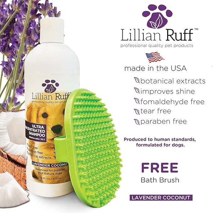Lillian Ruff High Concentrate Professional Grooming Shampoo for Dogs with Hydrating Essential Oils – 30:1 Concentration for Bathing System - Clean, Condition, &amp; Deodorize Dry, Sensitive Skin W/Brush