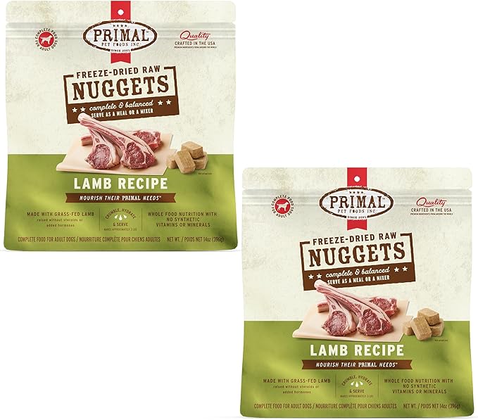 Primal Freeze Dried Raw Dog Food Nuggets, Lamb, Complete &amp; Balanced Meal, Also Use as Topper or Treat, Premium, Healthy, Grain Free, High Protein Raw Dog Food, 14 oz (Pack of 2)