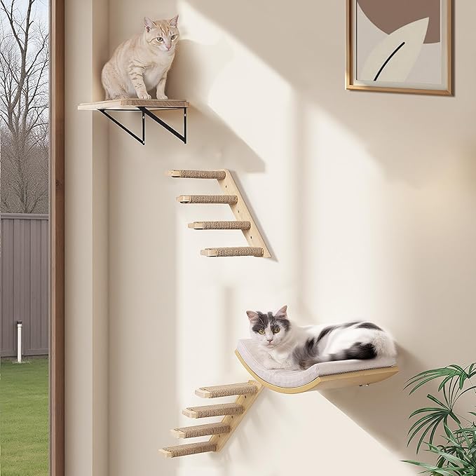 4-Piece Cats Wall Furniture with Cat Window Perch – Wood Wall Mounted Cat Shelves Set with Foam-Padded Curved Bed, Flat Perch &amp; 4-Step Cats Stairs