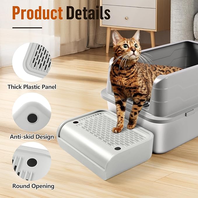 Cat Litter Box Step, Cat Litter Box Ramp Mat with Filter Function for Self-Cleaning Cat Litter Box, Easy to Clean, Cat Pedal Step Stool Ideal for Kitten &amp; Elderly Cats (Light Grey)