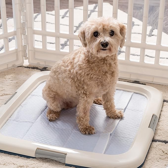 IRIS USA Pee Pad Holder - For Potty Training Regular Sized Dog &amp; Puppy Pee Pads, Secured Latches, Non-Skid Feet, Leak Protection, Fits 22"x22" Pad or Larger, Square, Navy
