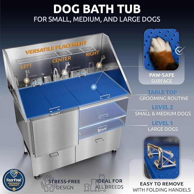 KANIS Professional Dog Washing Station - 304 Stainless Steel Pet Wash Sink &amp; Grooming Bath Tub for Home with Ramp, Shower, Floor Grate, Storage Drawers, and Faucet for Large, Medium &amp; Small Pets