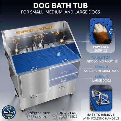 KANIS Professional Dog Washing Station - 304 Stainless Steel Pet Wash Sink &amp; Grooming Bath Tub for Home with Ramp, Shower, Floor Grate, Storage Drawers, and Faucet for Large, Medium &amp; Small Pets