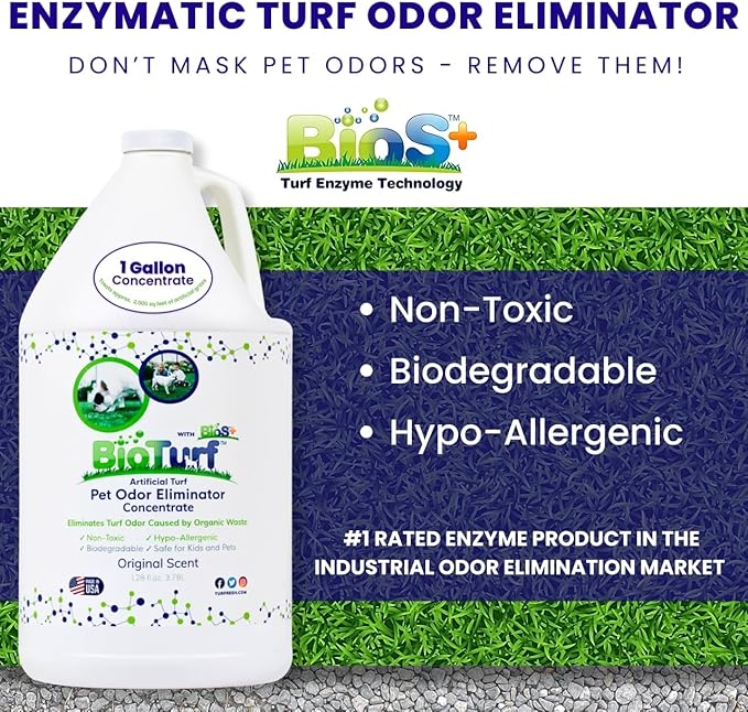 BioS+ Odor Eliminator Concentrate – Artificial Turf Cleaner for Pet Urine Outdoor &amp; Yard Deodorizer for Dog Urine and Waste – Enzyme Formula, Safe for Pets, Kids &amp; Plants – 1 Gallon