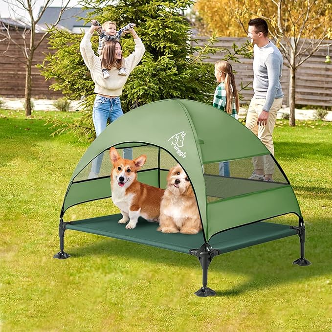 Upgraded Elevated Dog Bed with Canopy, Portable Raised Outdoor Dog Bed with Stable Anti-Slip Feet, Removable Wider Shade, Raised Dogs Cot for Large Pets Camping, Indoor &amp; Outdoor Use