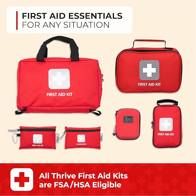 Thrive First Aid Safety Kit - 100-Piece Bag - Compact Waterproof Rip-Stop Nylon Pouch - Multi-Size Bandages, Antiseptic Wipes &amp; Safety Pins for Car &amp; Travel