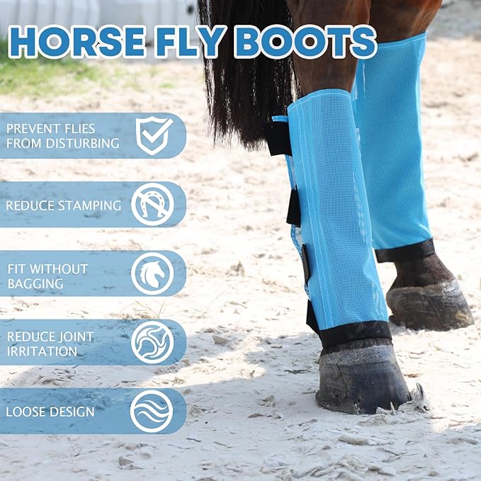 Premium 4-Pack Horse Fly Boots &amp; Leggings Loose-Fit Fine Mesh with Stay-On Fasteners, Support Strips &amp; Anti-Stomp Design Breathable Non-Slip Protection Leg Wrap (Large) Sky - Blue