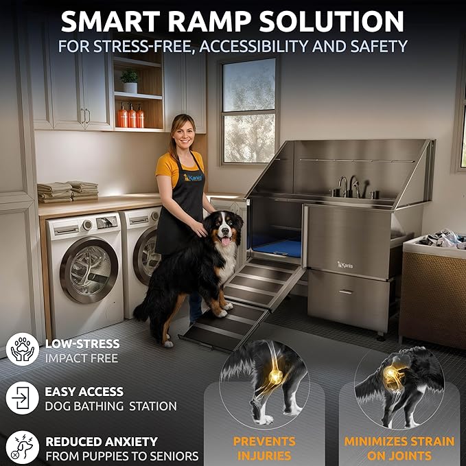 KANIS Professional Dog Washing Station - 304 Stainless Steel Pet Wash Sink &amp; Grooming Bath Tub for Home with Ramp, Shower, Floor Grate, Storage Drawer, Faucet, Drain Kit for Large, Medium &amp; Small Pets