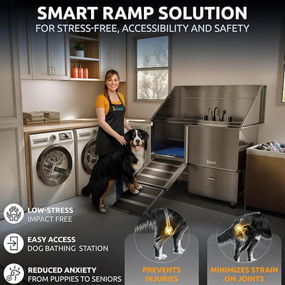 KANIS Professional Dog Washing Station - 304 Stainless Steel Pet Wash Sink &amp; Grooming Bath Tub for Home with Ramp, Shower, Floor Grate, Storage Drawer, Faucet, Drain Kit for Large, Medium &amp; Small Pets