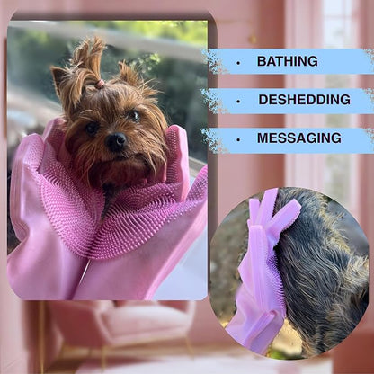 Grooming Gloves for Cats &amp; Dogs - Pet Hair Removal Glove, Silicone Brush for Dog or Cat Washing, Puppy Bath Supplies for Shedding Cleaning Bathing &amp; Massage, Fur Remover Mitt, Shower Shampoo Scrub