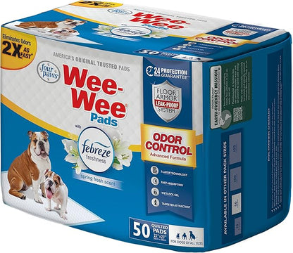 Four Paws Wee-Wee Odor Control with Febreze Freshness Pee Pads for Dogs &amp; Puppies, Leak-Proof Dog Housebreaking Potty Training Floor Protection, Spring Fresh Scent, 22" x 23", 50 Count