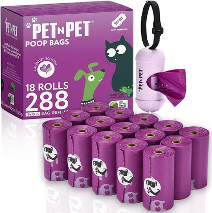 Pet N Pet Poop Bags for Dogs, 288 Counts Lavender Scented Dog Poop Bags Rolls with Leash Dispenser, USDA Certified 38% Plant Based &amp; 62% PE Dogs Waste Bag, Doggie Poo Bag