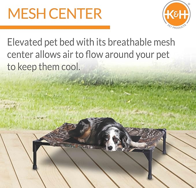 K&amp;H Pet Products Outdoor Elevated Dog Cot, Breathable Cooling Elevated Cot Hammock Pet Bed for Medium Dogs, Washable Mesh Cover, Raised Metal Frame, Collapsible, Portable - Medium 32 X 25in Camo