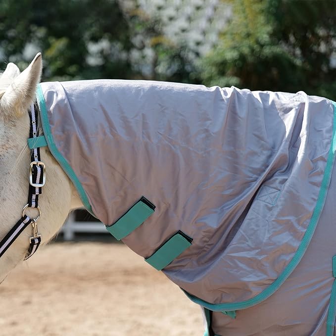 Horse Fly Sheet with Detachable Neck Cover &amp; Belly Wrap, Adjustable Fly Sheet for Horses, Ventilated Airflow Mesh Equine Cooling Summer Flysheet Grey 66