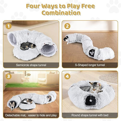 Odoland Cat Tunnel Bed with 20 Cat Toys - Indoor Plush Kitten Couch, Detachable Cats Cave Donut Tunnel &amp; Soft Kitten Toy Set - Cozy Cat Furniture, White