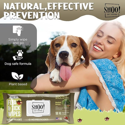 Shoo! Flea &amp; Tick Wipes for Dogs | Convenient, Easy On-The-Go Protection | Plant Based, Natural Oils, Chemical Free | Repels &amp; Prevents | 50 XL Wipes | (Woodland Harmony)