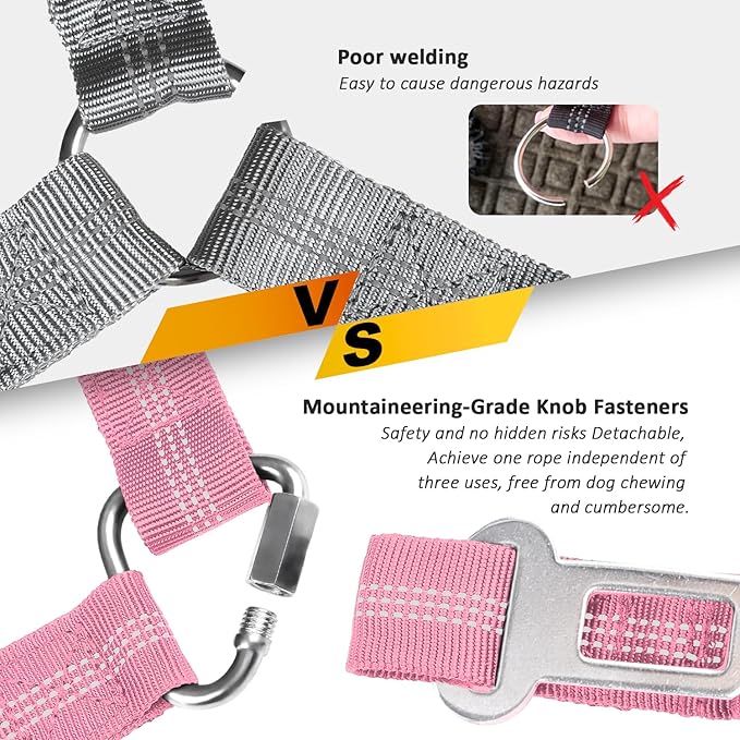 Removable Dog Seat Belt Harness for Car, 3 in 1 Pet Dog Car Seatbelt Leash, Retractable Restraint Secures to Vehicle Headrest &amp; Adjustable Reflective Bungee Dog Seatbelt Tether, Pink and Black