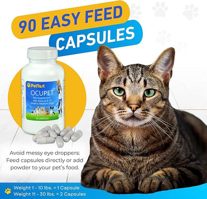 Ocupet Advanced Vision &amp; Eye Health Supplement for Cats &amp; Small-Medium Dogs, Packed with Natural B12, Grape Seed Extract &amp; Lutein to Support Pets with Diabetes or Eye Related Conditions-90 Capsules