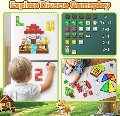 Magnetic Blocks with Forest Animals Toys, Build Mine Magnet World Set, Magnetic Tiles Building for Boys &amp; Girls Age 4-8 5-7, STEM Montessori Sensory Toys for 3+ Toddlers Kids Gifts