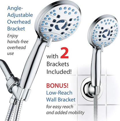 Hotel Spa AquaCare High Pressure 8-Mode Handheld Shower Head - Anti-clog Nozzles, Built-in Power Wash to Clean Tub, Extra Long 6 ft. Stainless Steel Hose, Wall &amp; Overhead Brackets