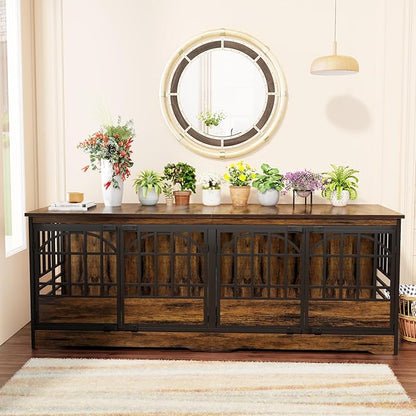 COZPAW 86 Inch Double Dog Crate Furniture for 2 Large Dogs, Decorative Dog Kennel Indoor TV Stand, Heavy Duty Wooden Dog Cage for Large Medium Dogs Sized Dog Pet House with Divider (Brown)