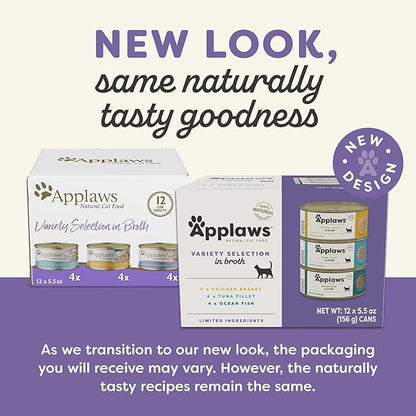 Applaws Natural Wet Cat Food, Limited Ingredient, Grain-Free, Protein with No Artificial Additives, Variety Pack in Broth (12 x 5.5oz Cans)