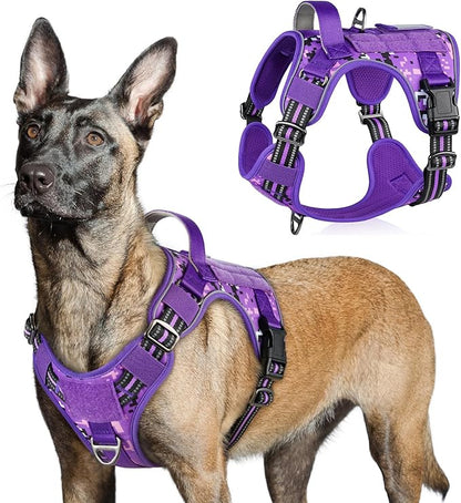 rabbitgoo Tactical Dog Harness for Large Dogs, No Pull Military Service Vest with Handle &amp; Molle, Easy Control for Training Walking, Adjustable Reflective Straps, Purple Camo, L