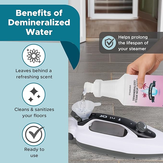 Steam &amp; Go Deminerilized Water - Multi-Surface Cleaner for Steam Cleaners, Hardwood Floors, Kitchens, &amp; Bathrooms - Germ-Killing Formula - Hotel California Scent - 32 Ounces (Pack of 12)