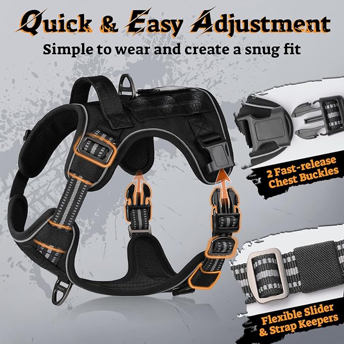 rabbitgoo Dog Harness for Large Dogs No Pull, Tactical Service Pet Vest with Molle and Control Handle, Adjustable and Reflective Military Harness for Easy Walking and Training, Black, XL