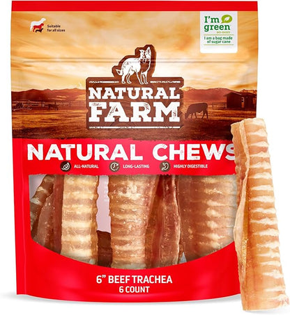 Natural Farm Beef Trachea for Dogs (6 Inch, 6 Pack)- 100% Beef,Odor Free Trachea Dog Chews- Glucosamine &amp; Chondroitin for Joint &amp; Hip Mobility, Bone Strength- Low-Fat Crunchy &amp; Crispy- for All Dogs