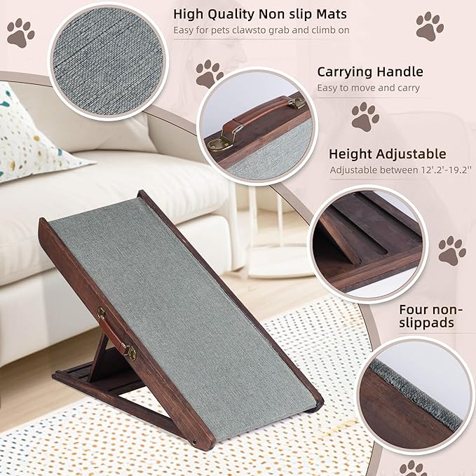 Folding Dog Ramp for Bed, Couch, Car, SUV &amp; RV - Adjustable 4 Heights (12.2"-19.2"), 35.4" Long Wooden Pet Ramp with Non-Slip Mat &amp; Safety Rails - Supports Pets up to 200 lbs