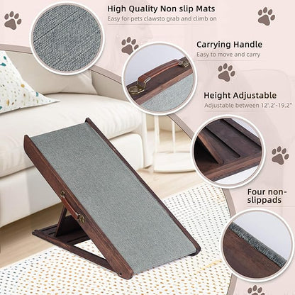 Folding Dog Ramp for Bed, Couch, Car, SUV &amp; RV - Adjustable 4 Heights (12.2"-19.2"), 35.4" Long Wooden Pet Ramp with Non-Slip Mat &amp; Safety Rails - Supports Pets up to 200 lbs