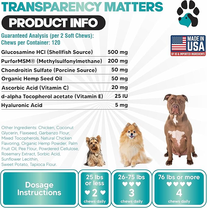 HempFlex - Glucosamine Chondroitin for Dogs - Hemp Oil for Dogs - Safe Dog Joint Supplement for All Breeds - 120 Mobility Hemp Dog Treats - Hip &amp; Joint Support for Dogs - Joint Supplement for Dogs