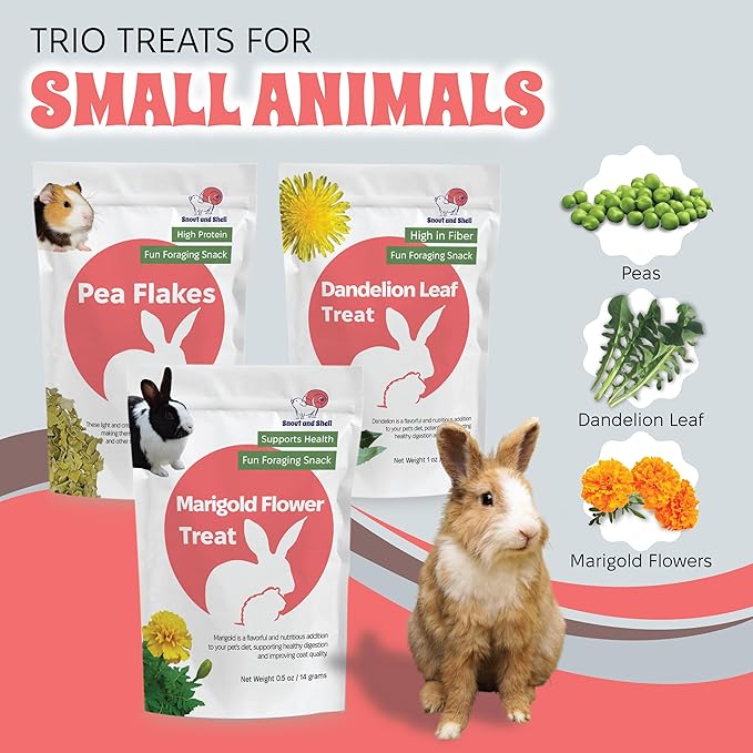 Snout and Shell Small Animal Treats – Pea Flakes, Dandelion Leaf (1oz), Marigold Flowers (0.5oz) – Natural Foraging Snacks for Rabbits, Guinea Pigs, Chinchillas, Hamsters &amp; More
