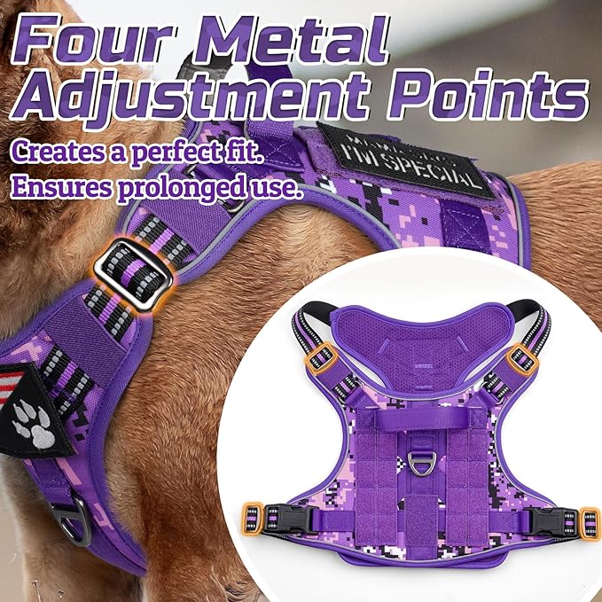 rabbitgoo Tactical Dog Harness for Large Dogs, No Pull Military Service Vest with Handle &amp; Molle, Easy Control for Training Walking, Adjustable Reflective Straps, Purple Camo, L