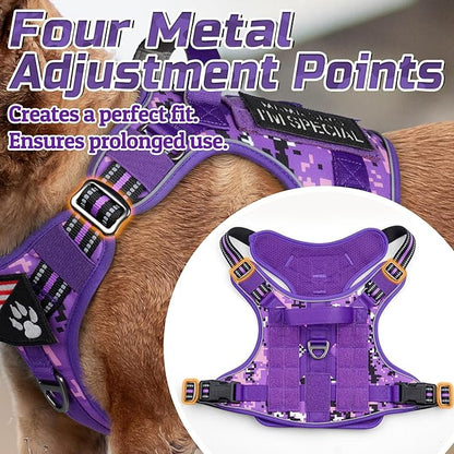rabbitgoo Tactical Dog Harness for Large Dogs, No Pull Military Service Vest with Handle &amp; Molle, Easy Control for Training Walking, Adjustable Reflective Straps, Purple Camo, L