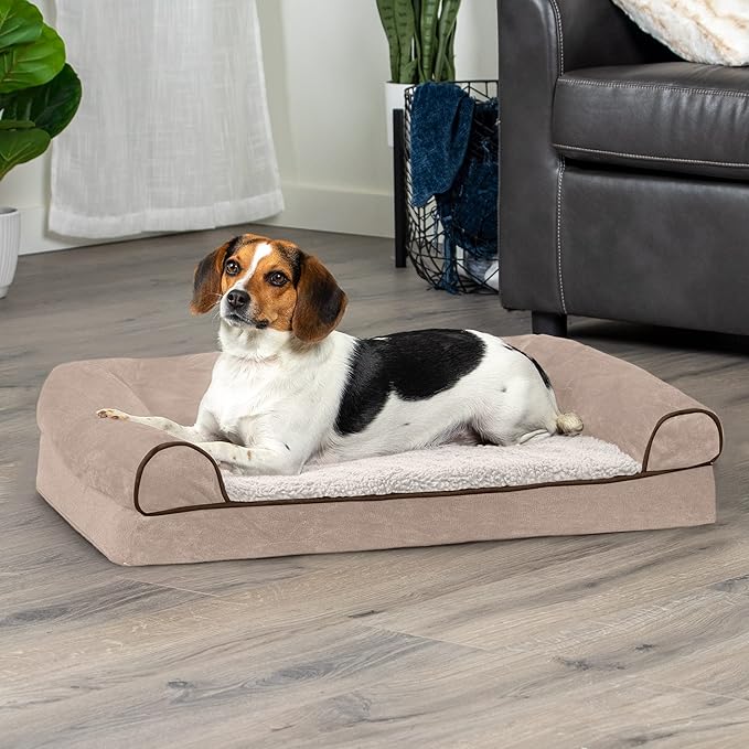 FurHaven Soft, Orthopedic Foam Sofa Dog Bed with Washable &amp; Removable Cover - Sherpa/Chenille - Cream, Dogs Up to 35 lbs - Medium