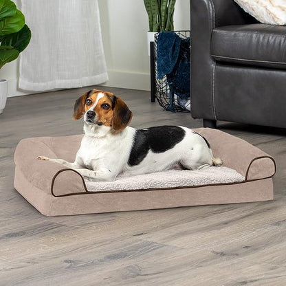 FurHaven Soft, Orthopedic Foam Sofa Dog Bed with Washable &amp; Removable Cover - Sherpa/Chenille - Cream, Dogs Up to 35 lbs - Medium