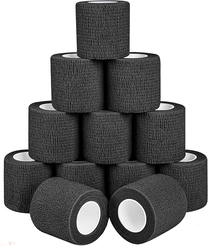 Self Adhesive Bandage Wrap - Pack of 12 Black Color, Non-Woven, Breathable &amp; Water-Resistant Vet Wrap for First Aid, Sports Injury, Body Sprains, &amp; Pets - 2 Inch x 5 Yards