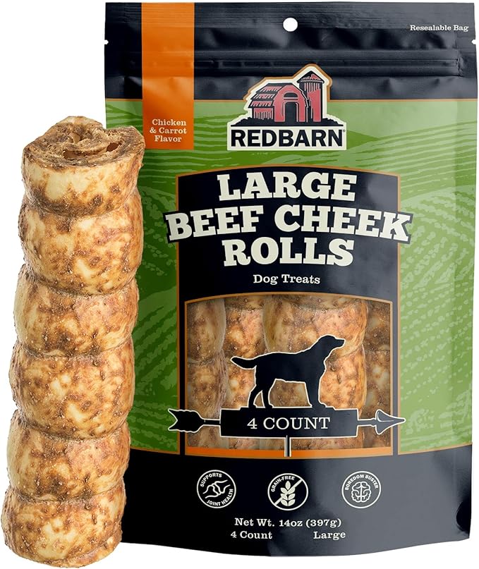 Redbarn Pet Products All-Natural Large Beef Cheek Rolls for Dogs, Chicken &amp; Carrot Glazed - Single Ingredient Grain-Free Chew Treat Naturally Rich in Collagen - Packaging May Vary, Pack of 4