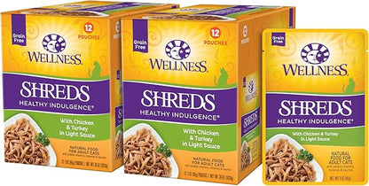 Wellness Healthly Indulgence Shreds Adult Wet Cat Food, Natural, Protein-Rich, Grain Free, 3 Ounce Pouch, 24 Pack, (Chicken &amp; Turkey)