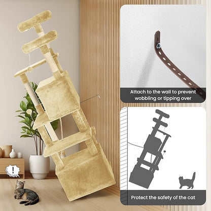 69in Large Cat Tree Tower for Indoor Cats with Soft Plush Hang Ball, Two Condos, Sisal Scratch Posts &amp; Rope Play for Kittens/Adult Cats, Beige